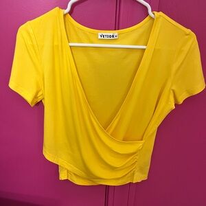 Vibrant Yellow Wrap Crop Blouse with Short Sleeves